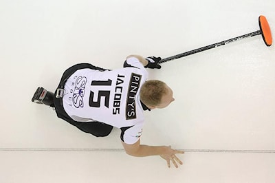 Skip Brad Jacobs watches the rock immediately after throwing it during a draw against team Epping at the National on November 21, 2014.