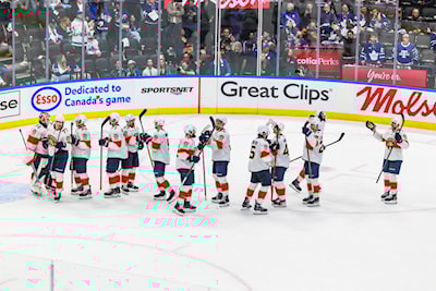Florida Panthers celebrate a series clinching win against the Toronto Maple Leafs (Photo by Mathew Tsang/Icon Sportswire)