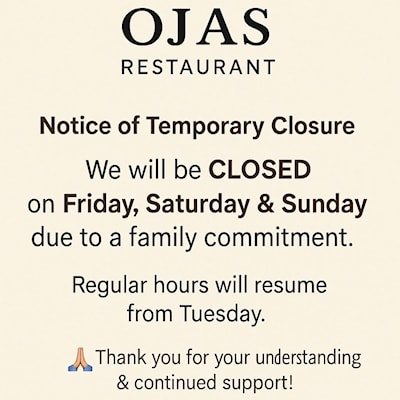 Notice of temp. closure of OJAS Restaurant, Facebook