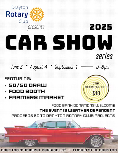 The Drayton Rotary Club kickstarts their 2025 Car Show Series tonight, June 2, from 5:00 - 8:00 PM.