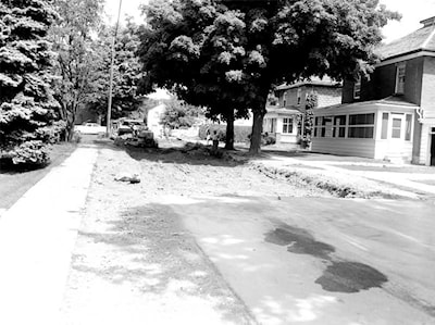 The repaving of Knox Avenue, looking east towards Main Street North -- 1958 Photo Credit: Dills Collection