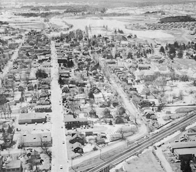 An Aerial view looking west over Downtown Acton -- 1971 Photo Credit: Jack Carpenter / Dills Collection