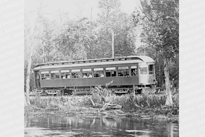 The Toronto Suburban Electric Railway runs along Fairy Lake in Acton in 1917. Photo Credit: Dills Collection