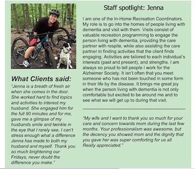 Jenna is one of our in-home recreation coordinators and clients share their appreciation.