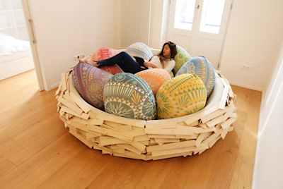 Designed by OGE Creative Group, the bird’s nest lounger is a comfy and cozy spot to read, cuddle or relax.