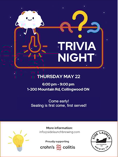 Trivia-silent auction$1from every pint sold goes to Crohn’s/Colitis Canada